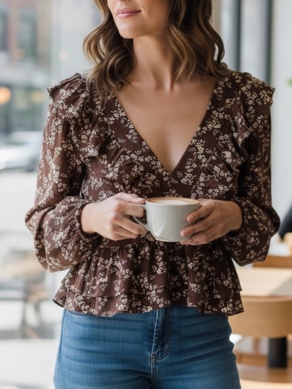 Altar'd State Brown Floral Ruffle Peplum Blouse